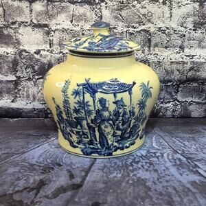 Vintage Blue & Yellow Chinese Ceramic Asian-Style Vase with Lid